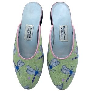Elizabeth Turner Vintage Needlepoint Mules Dragonfly